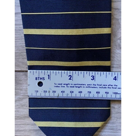 BROOKS BROTHERS MAKERS NAVY BLUE/YELLOW STRIPED 100% SILK NECK TIE~Made in USA - Picture 2 of 4